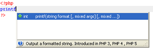 PhpED showing a function's syntax